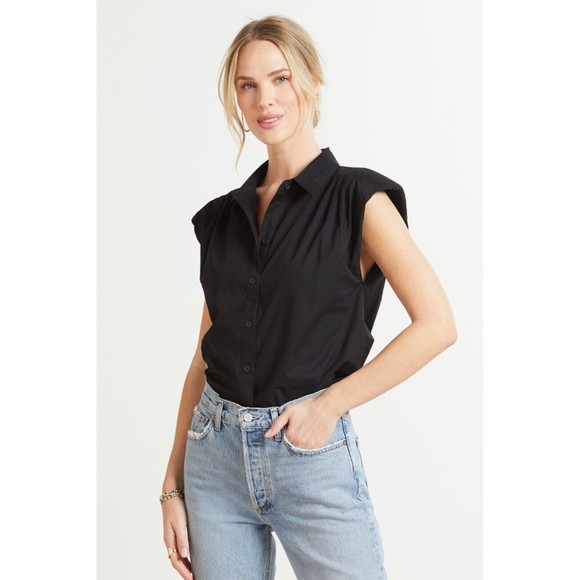 BB Dakota Top S Small Strong Shoulder Poplin Collar Button Front Black - Picture 1 of 5